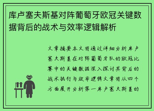 库卢塞夫斯基对阵葡萄牙欧冠关键数据背后的战术与效率逻辑解析