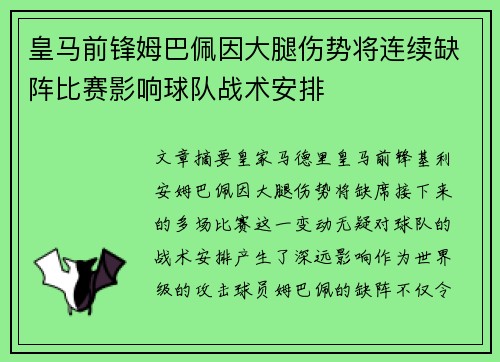 皇马前锋姆巴佩因大腿伤势将连续缺阵比赛影响球队战术安排